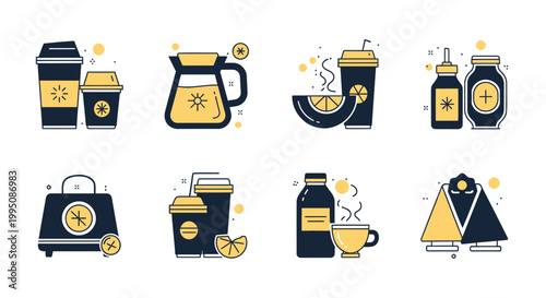 Yellow and black coffee, drink, food icons, 8 vector graphics, modern flat style