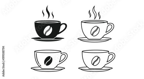 The coffee cup illustration set displays steaming hot beverages with a central bean icon in four distinct variations for use in cafe branding and professional drink menus.