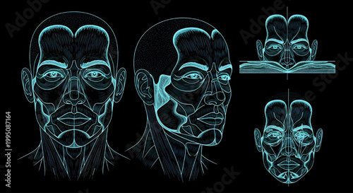 AutoCAD Bold Fitness Man Vector Set – Health Lifestyle Multiview Clear Face Blueprint Cyan Outline on Black Background