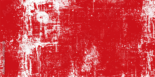 Red water drops on a weathered grunge wall and window surface with rusty aged textures and vintage cracked background pattern