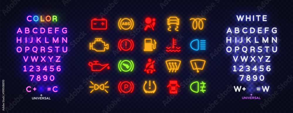 Naklejka premium Neon alphabet and car dashboard icon collection with multicolor glowing style. Bright letters, numbers and automotive symbols for creative interface design
