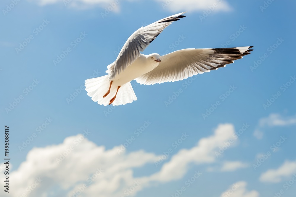 Obraz premium Seagull Flying Over the Ocean Near the Coastline During a Sunny Day