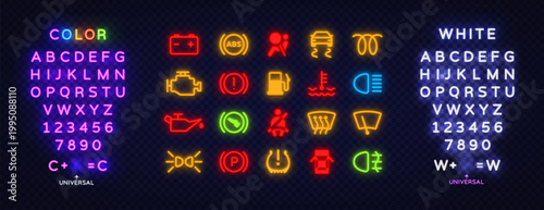 Neon alphabet and car dashboard icon collection with multicolor glowing style. Bright letters, numbers and automotive symbols for creative interface design