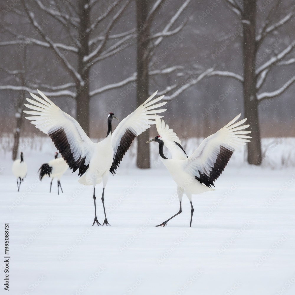 Obraz premium Red Crowned Cranes Snow Courtship