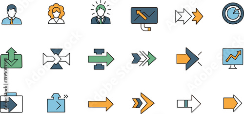 Business navigation and workflow icons set with arrows progress and direction symbols vector illustration