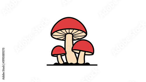 Three cartoon red mushrooms with tan stems and gills on a white background