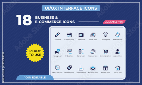 UI UX Business and E-commerce Icon Set, Modern Flat Interface Icons Pack, Editable Vector Collection