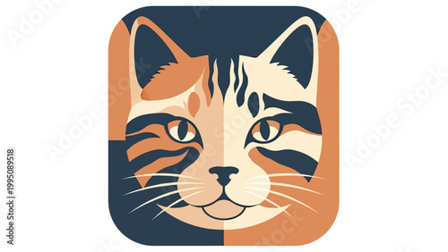 Stylized cat face with geometric patterns in dark blue, cream, and orange