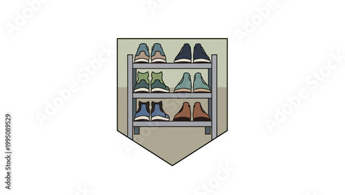 A multi-tiered rack displays an assortment of colorful athletic shoes