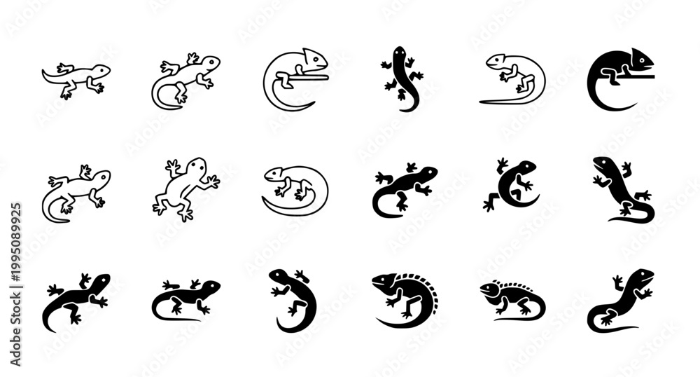 Fototapeta premium Diverse collection of lizard and chameleon icons in linear and solid black styles for versatile wildlife graphic design and nature themed digital interface projects