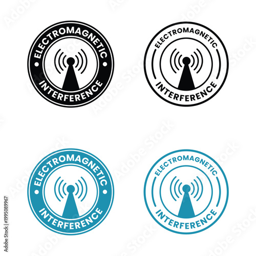 The image displays four circular emblems depicting electromagnetic interference with variations in color and fill high quality professional detailed modern elegant stylish clean crisp