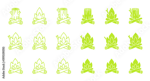 Set of green line icons featuring campfire and wood log concepts for camping and outdoor survival design projects presented on a clean white background