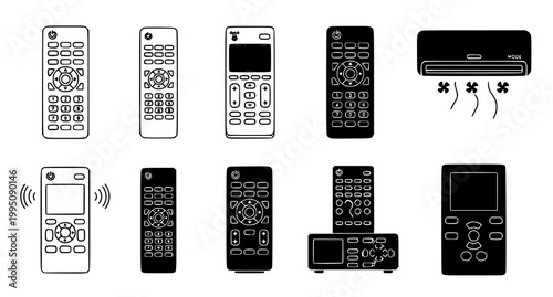 Detailed icon set of various remote controls and air conditioning units for smart home technology and climate control system user interface design