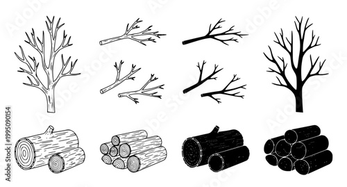 Collection of black and white vector icons representing trees and stacked wood logs for environmental and forestry related graphic design projects