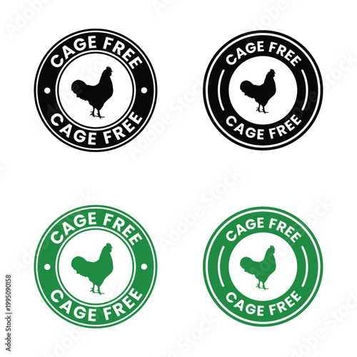Foto This image displays four variations of a circular cage free label featuring a si