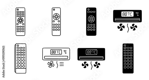 Set of black and white vector icons showing remote controls and air conditioning units with temperature displays for smart climate control UI designs