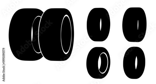 Minimalist black and white vector silhouette icons representing various vehicle tires for automotive industry and transportation design projects