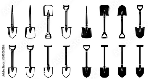 Set of black and white garden shovel icons showing various spade designs for landscaping and construction projects presented as a clean vector graphic illustration