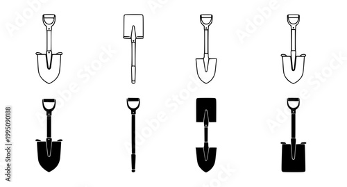 Collection of black and white line art and solid icons depicting various garden shovels and digging tools for landscaping and agriculture design projects