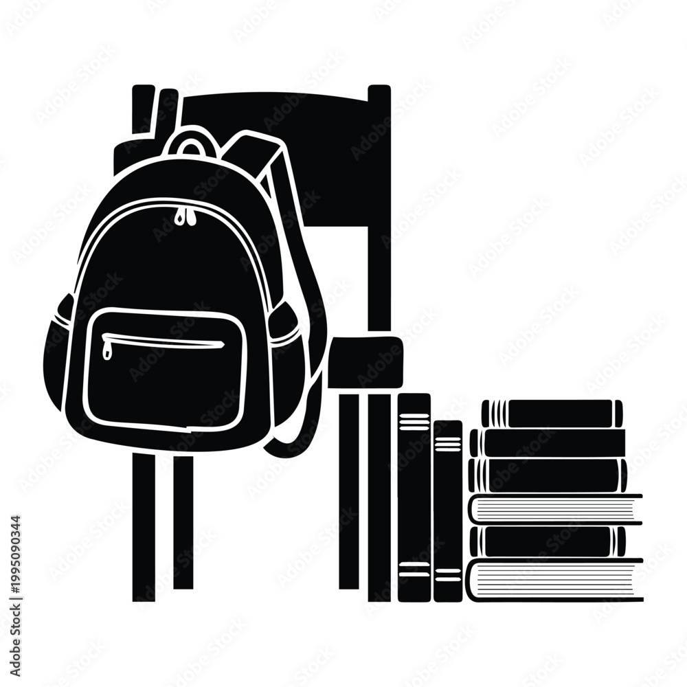 Fototapeta premium Backpack hanging on chair with books stack vector illustration, school learning study concept.