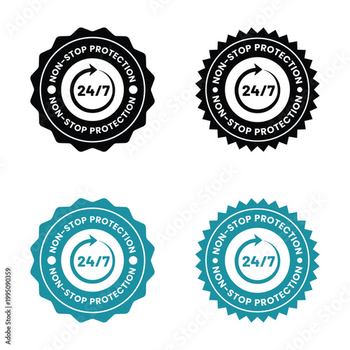 This image displays four variations of a circular badge indicating 24 7 non stop protection differing in color high quality professional detailed modern elegant