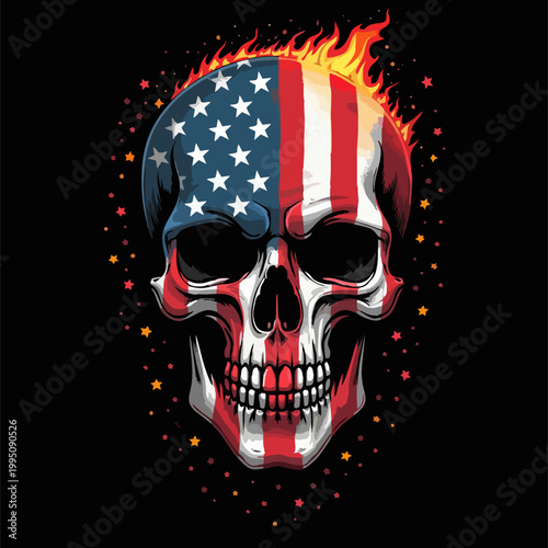 Vector t-shirt design with fire burning human skull
with usa flag mask on black background.
Fashionable american print for fabric, paper, men clothing,
hoodie, jacket. T shirt template.
