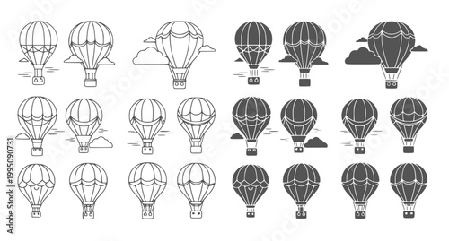 Detailed icons of hot air balloons with decorative stars and clouds in outline and solid styles for adventure themed creative projects and travel branding assets