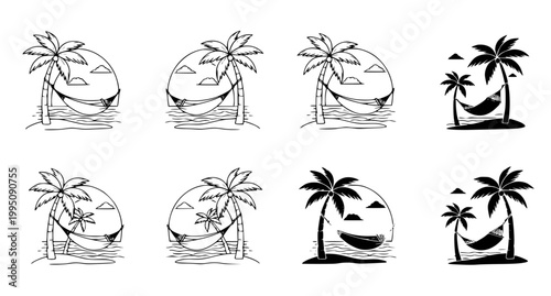 Collection of hot air balloon icons over mountain landscapes and villages in outline and solid styles for travel and adventure themed creative graphic projects