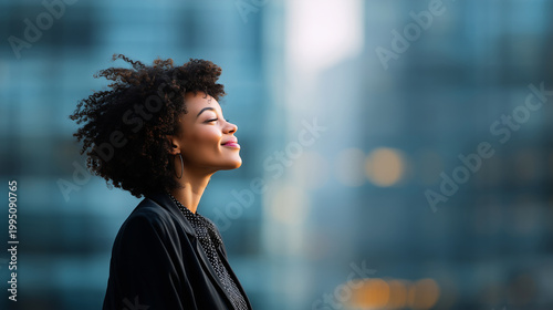 Confident businesswoman listening attentively, cinematic portrait, soft contrast lighting, blurred background bokeh, premium corporate environment, copy space on right