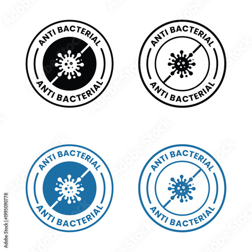 This image displays four variations of circular anti bacterial emblems each featuring a virus symbol with a cross high quality professional detailed modern elegant