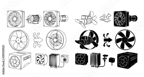 Technical collection of computer cooling fan and heat sink assembly icons including airflow diagrams as professional vector graphics for hardware engineering
