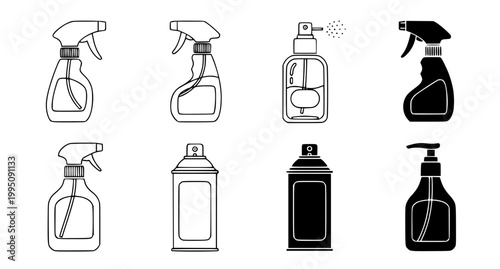 Selection of spray bottle and aerosol canister icons for cleaning products and chemical dispensers as clean vector graphics for household and industrial use