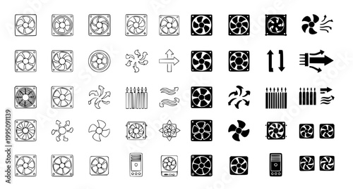 Extensive library of computer cooling fan icons and airflow direction symbols as professional vector graphics for hardware maintenance and system cooling