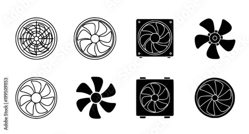 Set of computer cooling fan icons featuring various blade designs and housing structures as high quality vector graphics for hardware system cooling