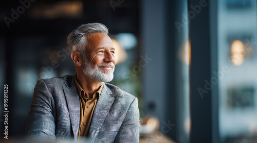 Businessman smiling softly, cinematic tones, natural window light, shallow depth, copy space on right