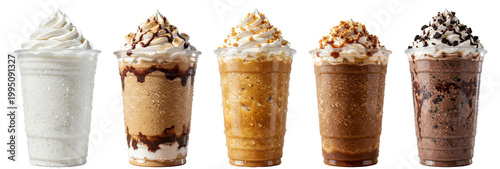 frozen coffee and vanilla frappes with whipped cream and gourmet toppings in plastic takeaway cups on transparent background