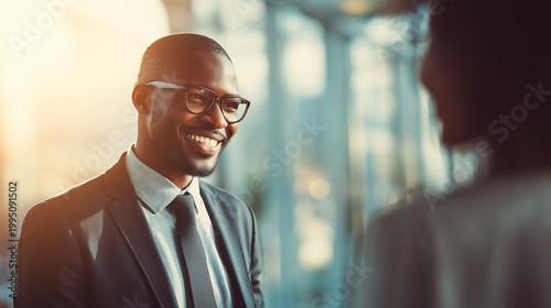 Businessman looking at colleague with friendly expression, cinematic contrast, soft light, copy space on right