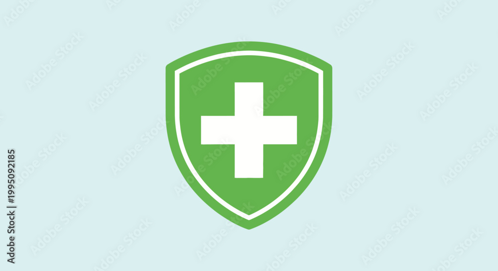 Fototapeta premium Green Shield with White Cross Icon - Medical Health Protection Concept