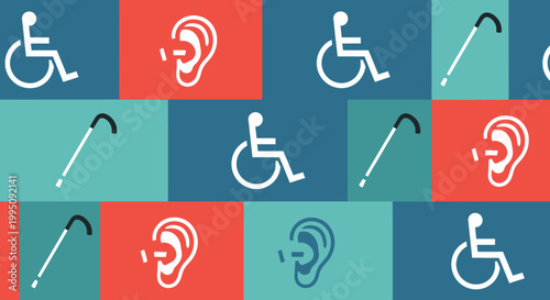 Disability icons: wheelchair, hearing aid, walking cane, diverse needs background