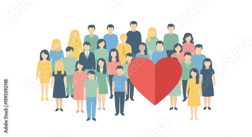 Diverse Crowd Embraces Red Heart Symbolizing Unity, Love, and Community