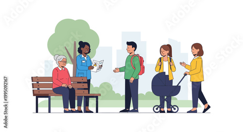 Diverse people in park, community interaction, family, elderly, young adults