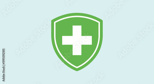 Green Shield with White Cross Icon - Medical Health Protection Concept