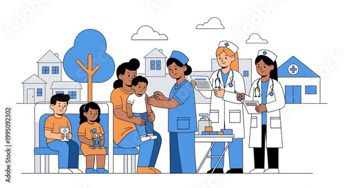 Pediatric Vaccination: Nurse Administering Shot to Child in Clinic Waiting Area