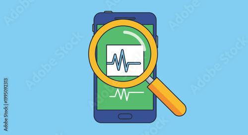 Smartphone health check with magnifying glass showing graph