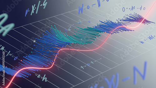 Mathematical Blueprint: An abstract digital rendering showcases an intricate network of data and equations, representing the complexity of science and technology.