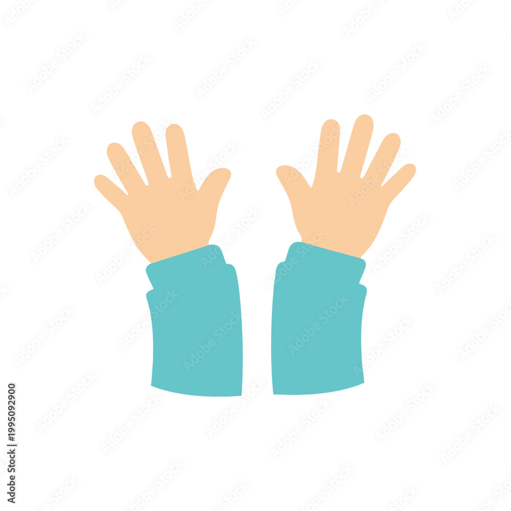 Obraz premium Child's Hands Raised Up in Teal Sleeves, Isolated on White Background
