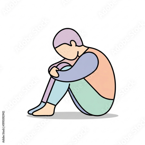 A cartoon illustration of a person sitting on the ground with their head down and arms wrapped around their knees in a colorful outfit
