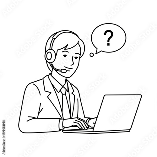 A man wearing a headset and sitting at a laptop with a questioning expression