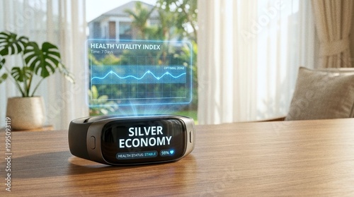 Smart wearable device on table displaying silver economy and health data.