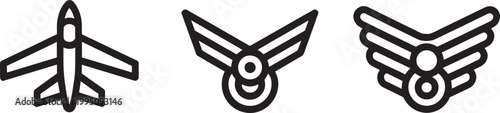 Fighter jet with military insignia jet aircraft and military uniform in outline style icon set with design